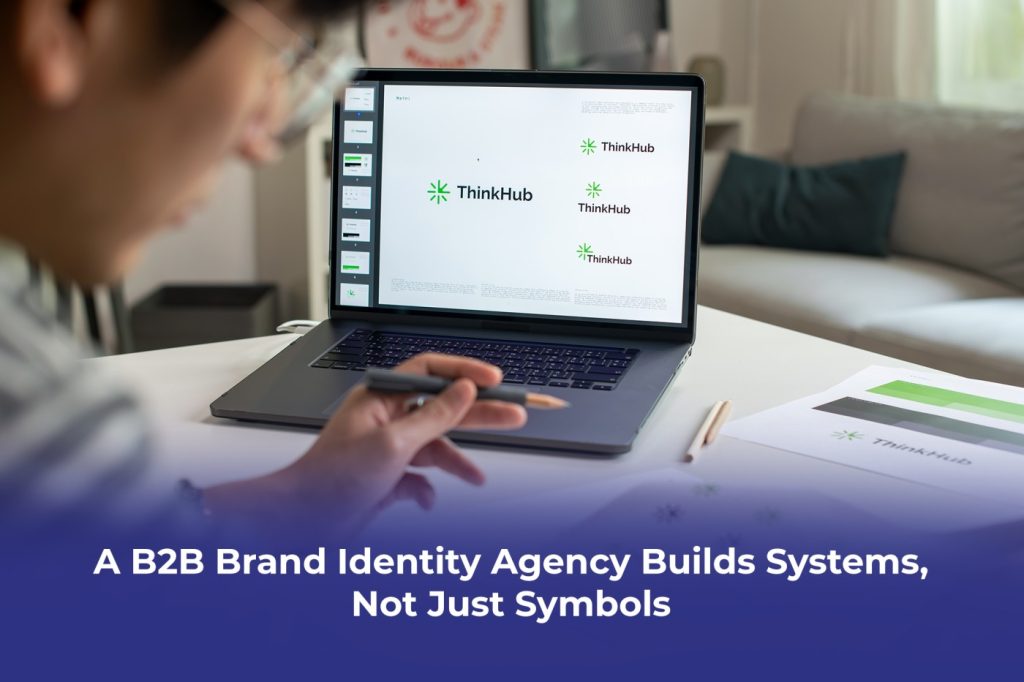 A complete B2B brand identity agency showing the relationship between logo, color palette, typography, iconography, and brand guidelines documentation