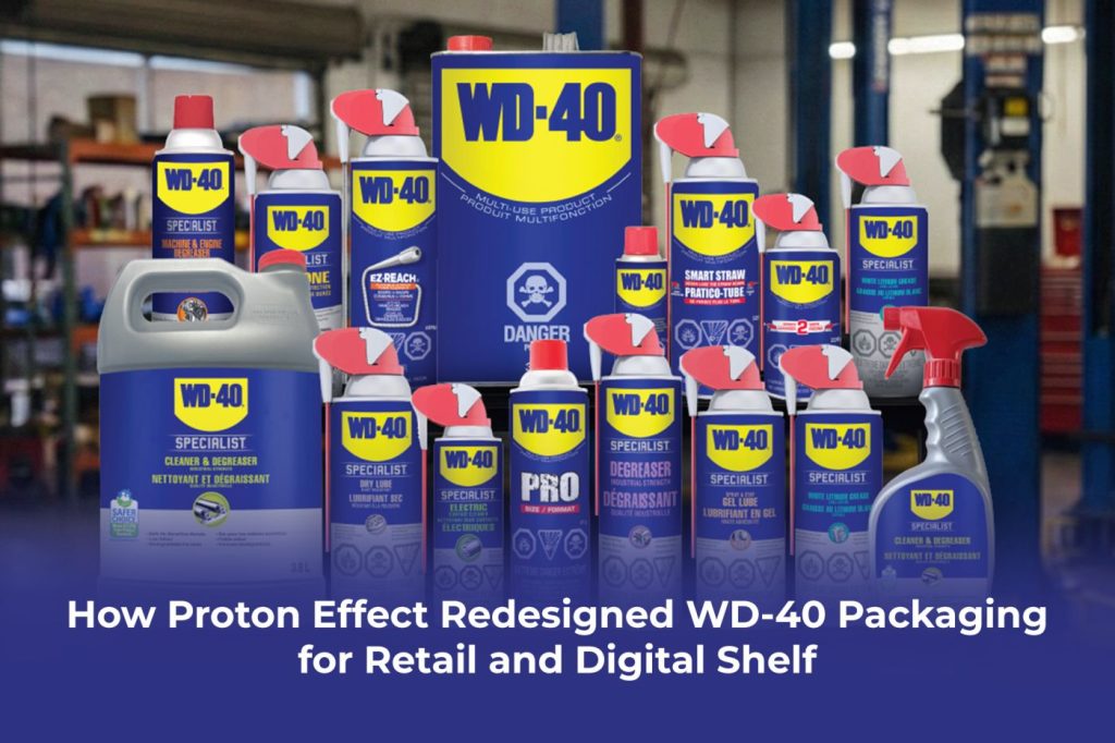 A consumer goods packaging redesign case study showing how Proton Effect Redesigned WD-40 Packaging adapted for retail shelf display and Amazon digital listing performance