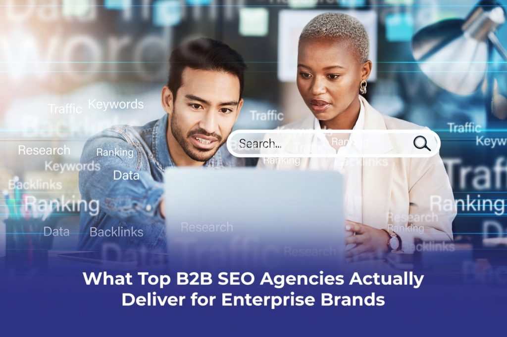 An enterprise marketing director evaluating B2B SEO agencies proposals showing organic search performance metrics, technical SEO audits, and content strategy frameworks