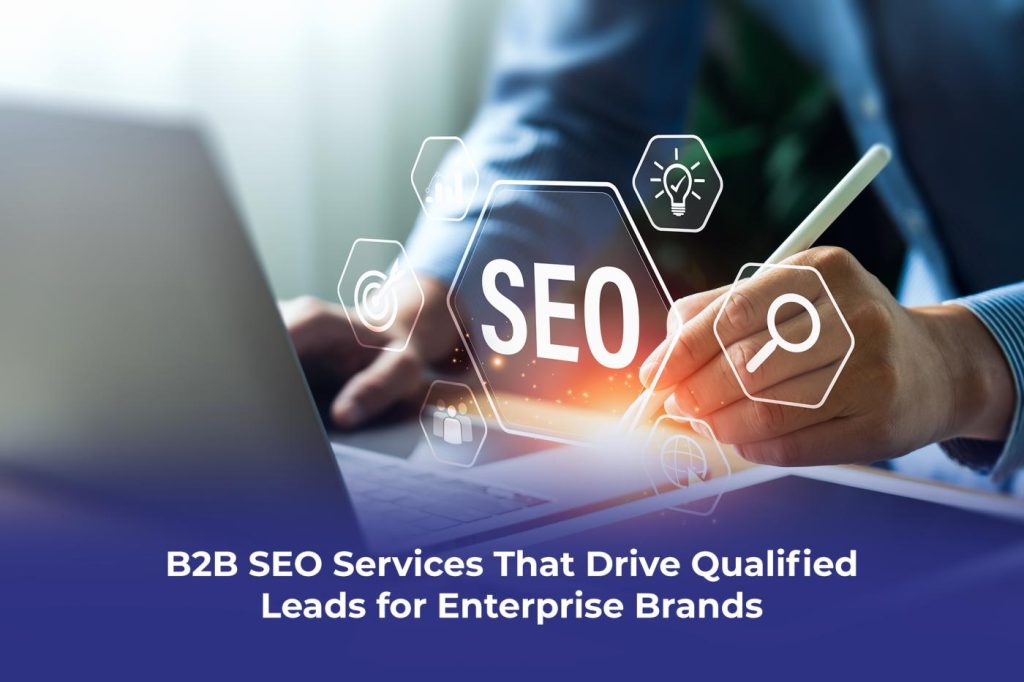 An enterprise marketing director reviewing B2B SEO services performance reports showing organic traffic, search experience optimization metrics, and pipeline contribution