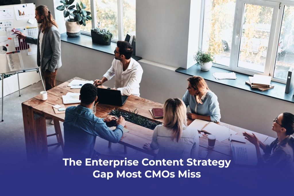 A company CMO reviewing enterprise content strategy frameworks showing brand strategy, editorial planning, content governance, and content marketing performance at enterprise scale